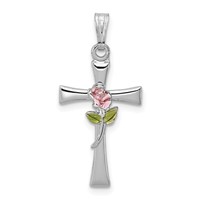 Sterling Silver Platinum-plated Cross Pendant with Epoxy Rose Center view 1