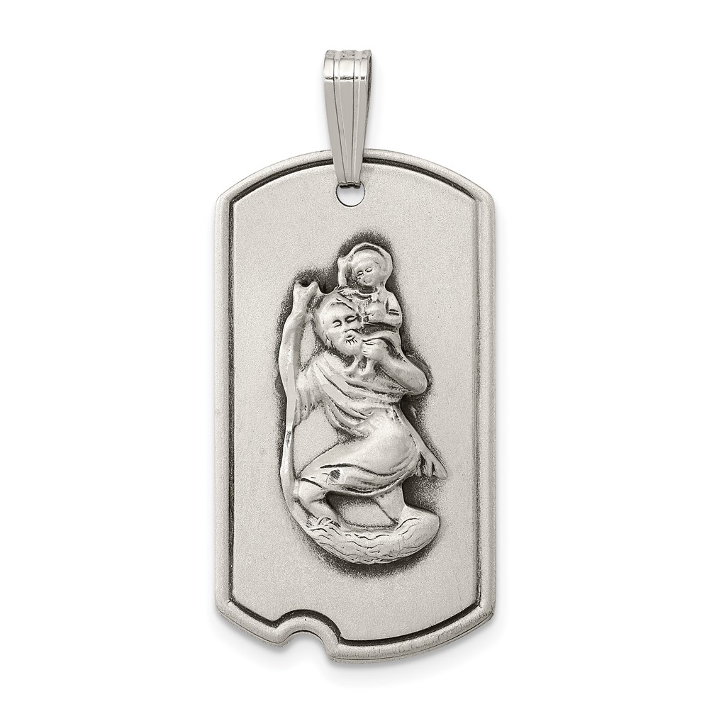 Sterling Silver Satin Antiqued St. Christopher Dog Tag Pendant (QC7368)