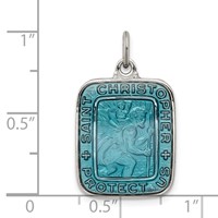 Sterling Silver Blue Enamel Square St. Christopher Medal Pendant view 3
