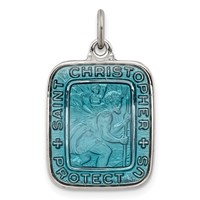 Sterling Silver Blue Enamel Square St. Christopher Medal Pendant view 1