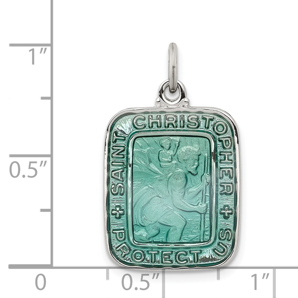 Sterling Silver Teal Enamel Square St. Christopher Medal Pendant (QC7375)