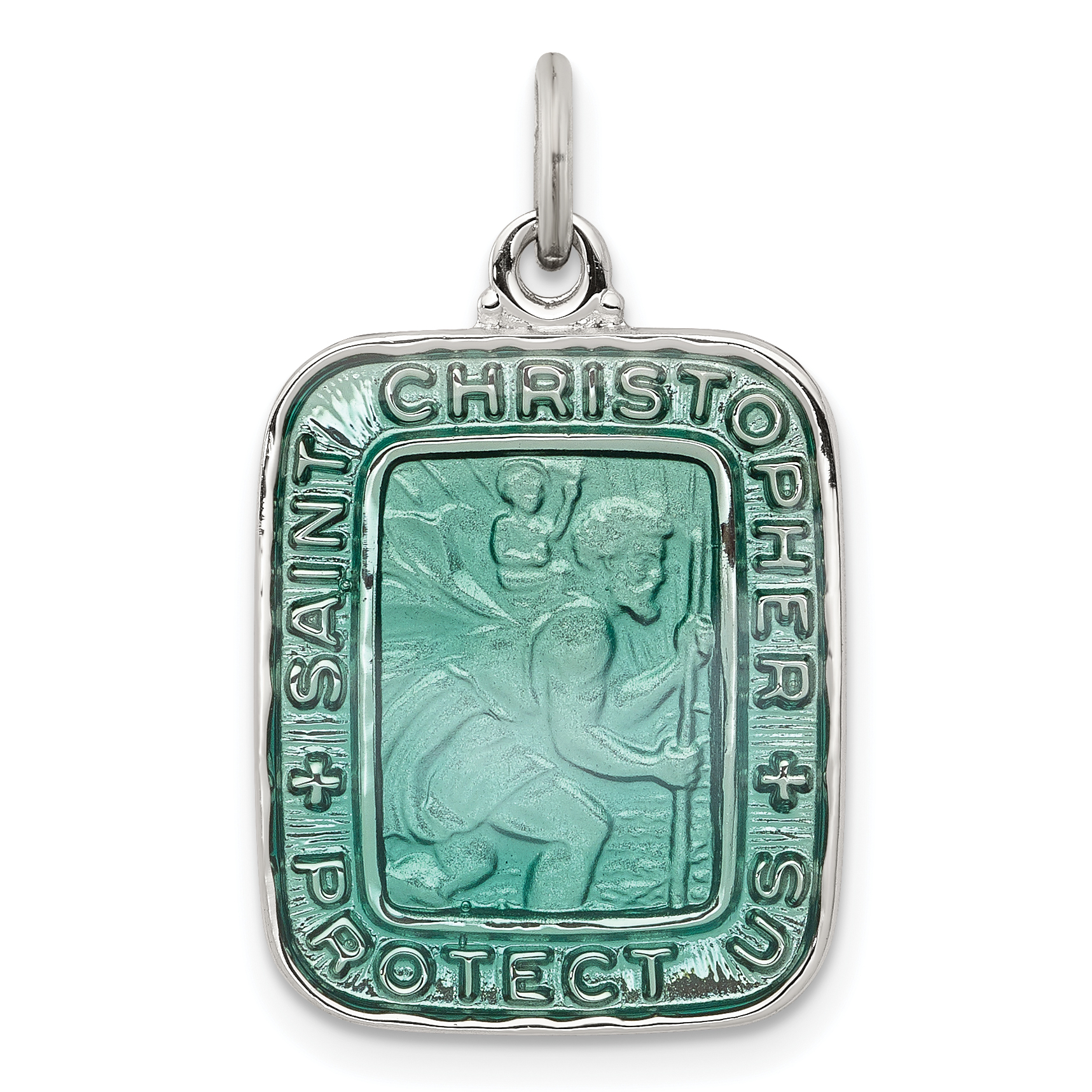Sterling Silver Teal Enamel Square St. Christopher Medal Pendant (QC7375)