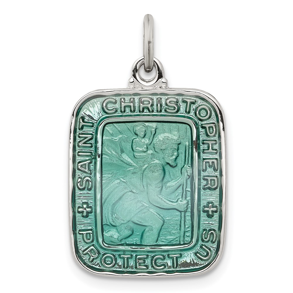 Sterling Silver Teal Enamel Square St. Christopher Medal Pendant (QC7375)
