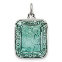 Sterling Silver Teal Enamel Square St. Christopher Medal Pendant view 1