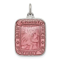 Sterling Silver Pink Enamel Square St. Christopher Medal Pendant view 1