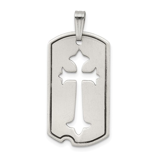 Sterling Silver Satin Antiqued Dog Tag Pendant with Cut Out Cross