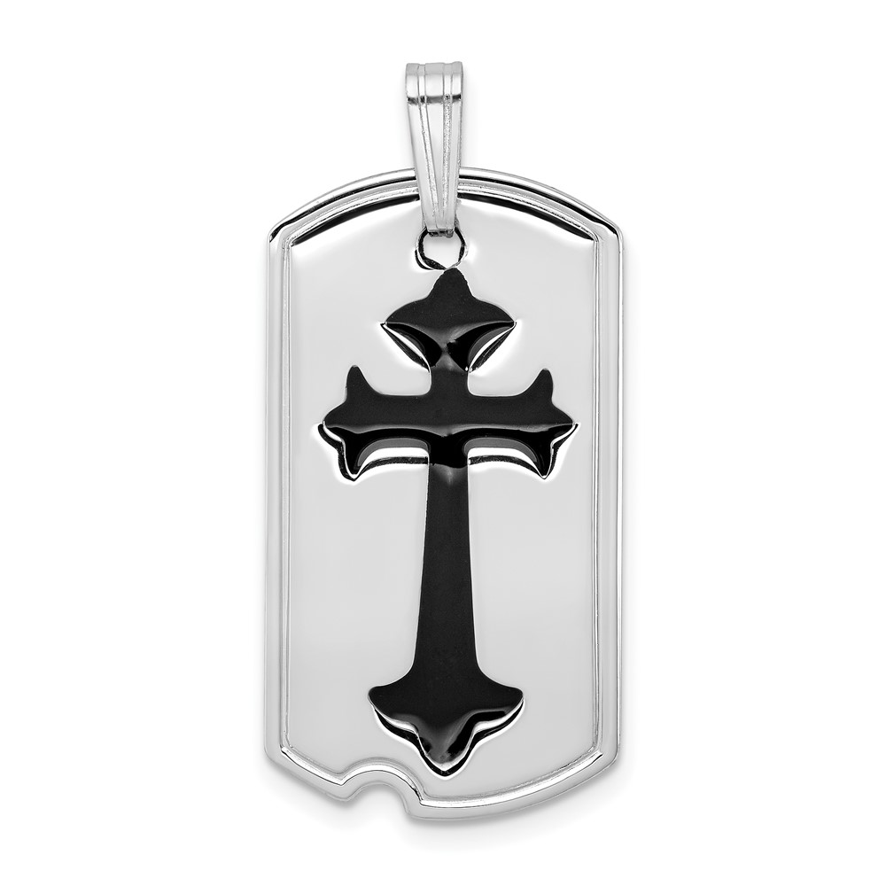 Sterling Silver Platinum-plated Polished Black Epoxy Cross Dog Tag Pendant (QC7379)