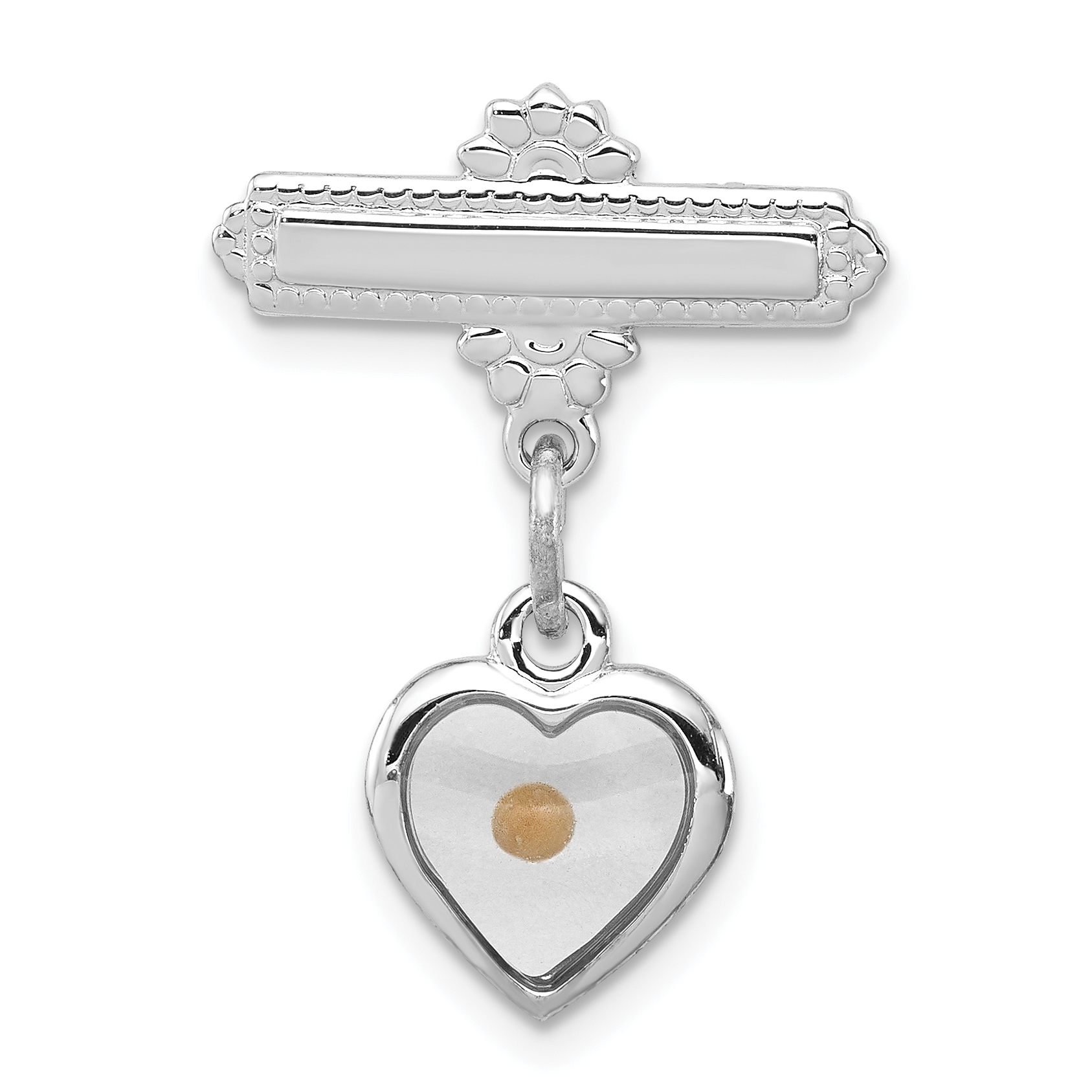 Sterling Silver Platinum-plated Polished Heart w/ Epoxy Mustard Seed Pin (QC7393)