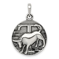 Sterling Silver Polished Antique Finish Taurus Horoscope Zodiac Pendant view 1
