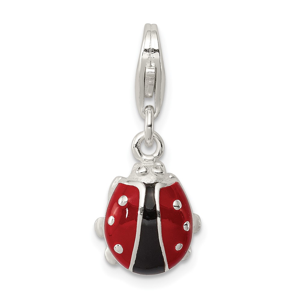 Sterling Silver Black Red Enameled Ladybug Charm with Lobster Clasp