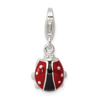 Sterling Silver Black Red Enameled Ladybug Charm with Lobster Clasp view 1