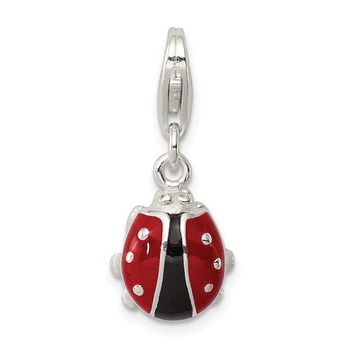 Sterling Silver Black Red Enameled Ladybug Charm with Lobster Clasp