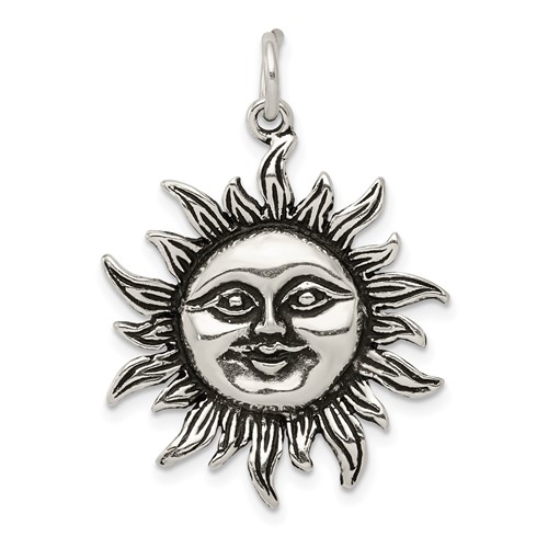 Sterling Silver Antiqued Large Smiling Face Sun Charm