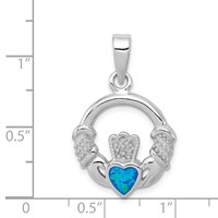 Sterling Silver Rhodium-pltd Lab Created Blue Opal Inlay Claddagh Pendant view 3
