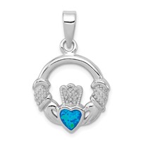 Sterling Silver Rhodium-pltd Lab Created Blue Opal Inlay Claddagh Pendant view 1