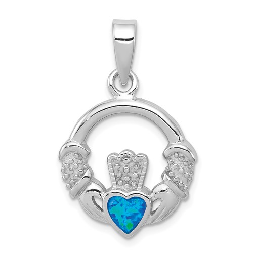 Sterling Silver Rhodium-pltd Lab Created Blue Opal Inlay Claddagh Pendant