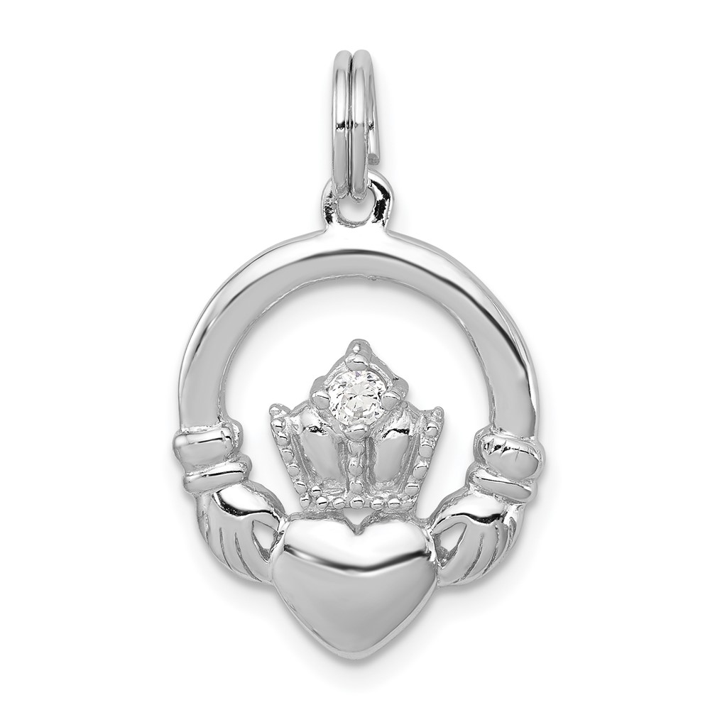 Sterling Silver Rhodium-plated Polished CZ Claddagh Pendant