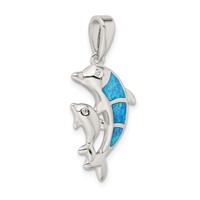 Sterling Silver Rhodium-plated Blue Inlay Created Opal Dolphin Pendant view 5
