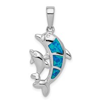 Sterling Silver Rhodium-plated Blue Inlay Created Opal Dolphin Pendant view 1