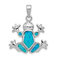Sterling Silver Rhodium-plated Blue Lab Created Opal Inlay Frog Pendant view 1