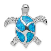 Sterling Silver Rhodium-plated Blue Inlay Created Opal Turtle Pendant view 1