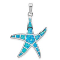 Sterling Silver Rhodium-plated Blue Inlay Created Opal Starfish Pendant view 1