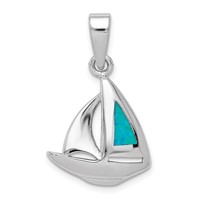 Sterling Silver Rhodium-plated Blue Lab Created Opal Inlay Sailboat Pendant view 1