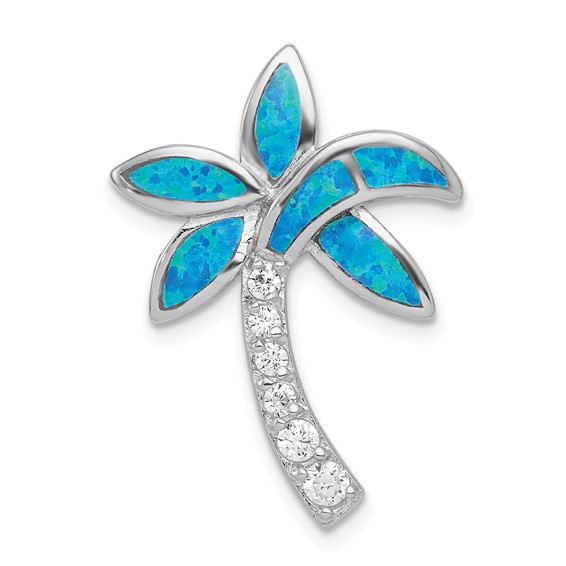 Sterling Silver Rhod-pltd CZ Blue Inlay Created Opal Palm Tree Slide