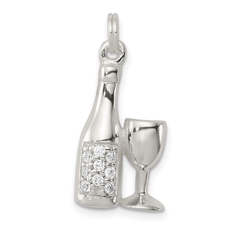 Sterling Silver CZ Wine Champagne Bottle Glass Charm Pendant
