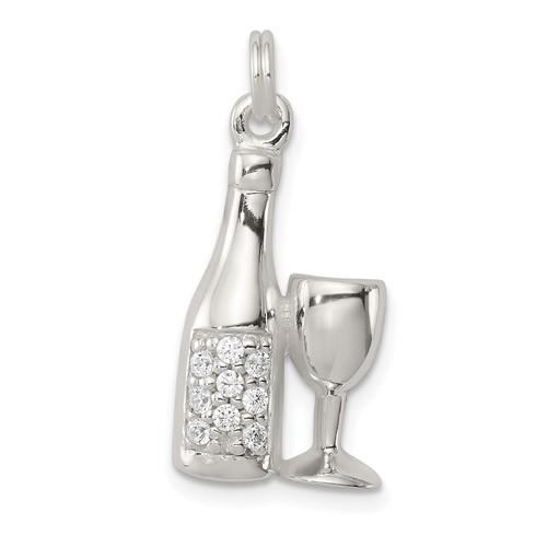 Sterling Silver CZ Wine Champagne Bottle Glass Charm Pendant
