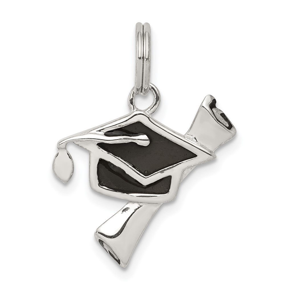 Sterling Silver Rhod-pltd Black Enamel Graduation Cap Diploma Charm