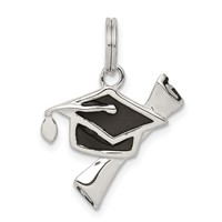 Sterling Silver Rhod-pltd Black Enamel Graduation Cap Diploma Charm view 1