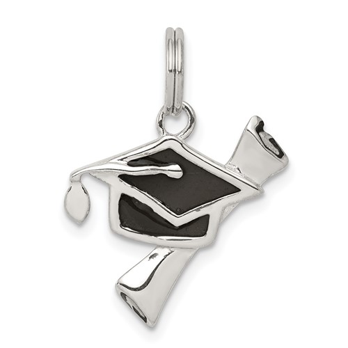 Sterling Silver Rhod-pltd Black Enamel Graduation Cap Diploma Charm