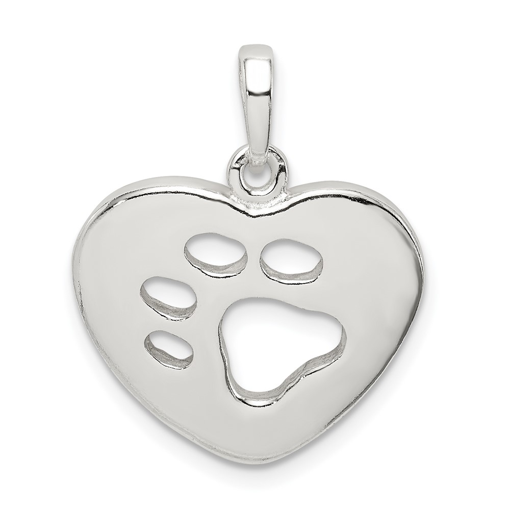 Sterling Silver Polished Heart Pendant with Paw Print