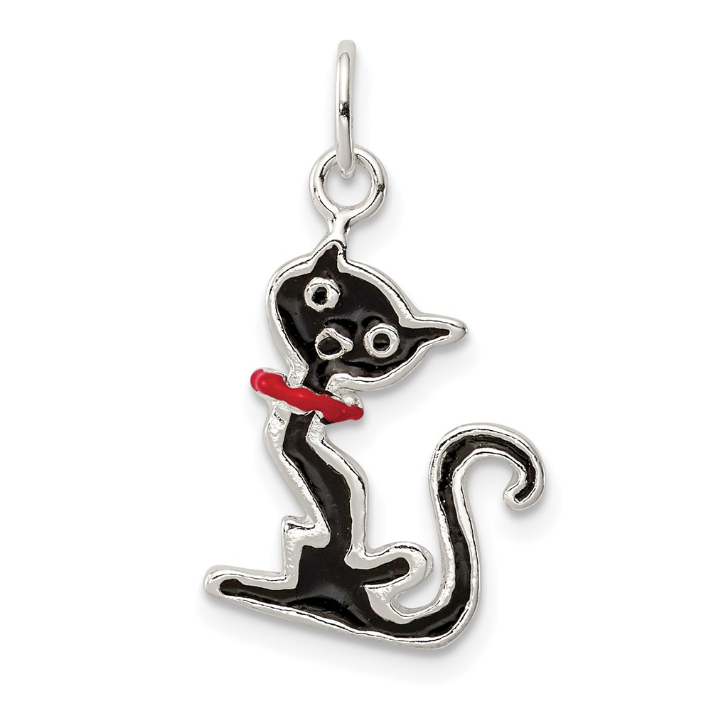 Sterling Silver Black Enameled Cat Charm with Red Collar