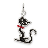 Sterling Silver Black Enameled Cat Charm with Red Collar view 1