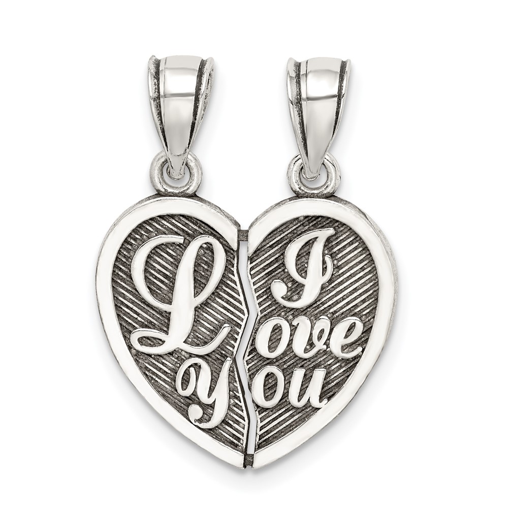 Sterling Silver Antiqued I Love You 2-Piece Break-Apart Heart Pendant