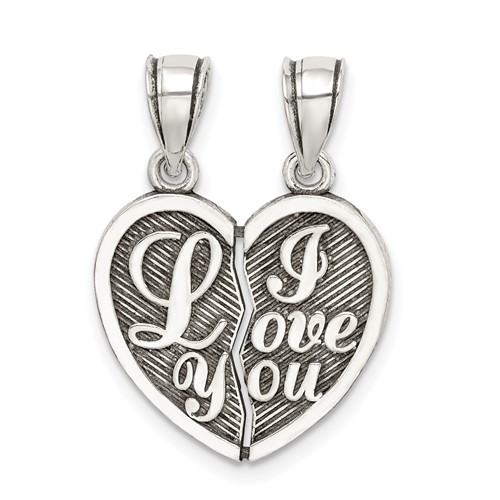 Sterling Silver Antiqued I Love You 2-Piece Break-Apart Heart Pendant
