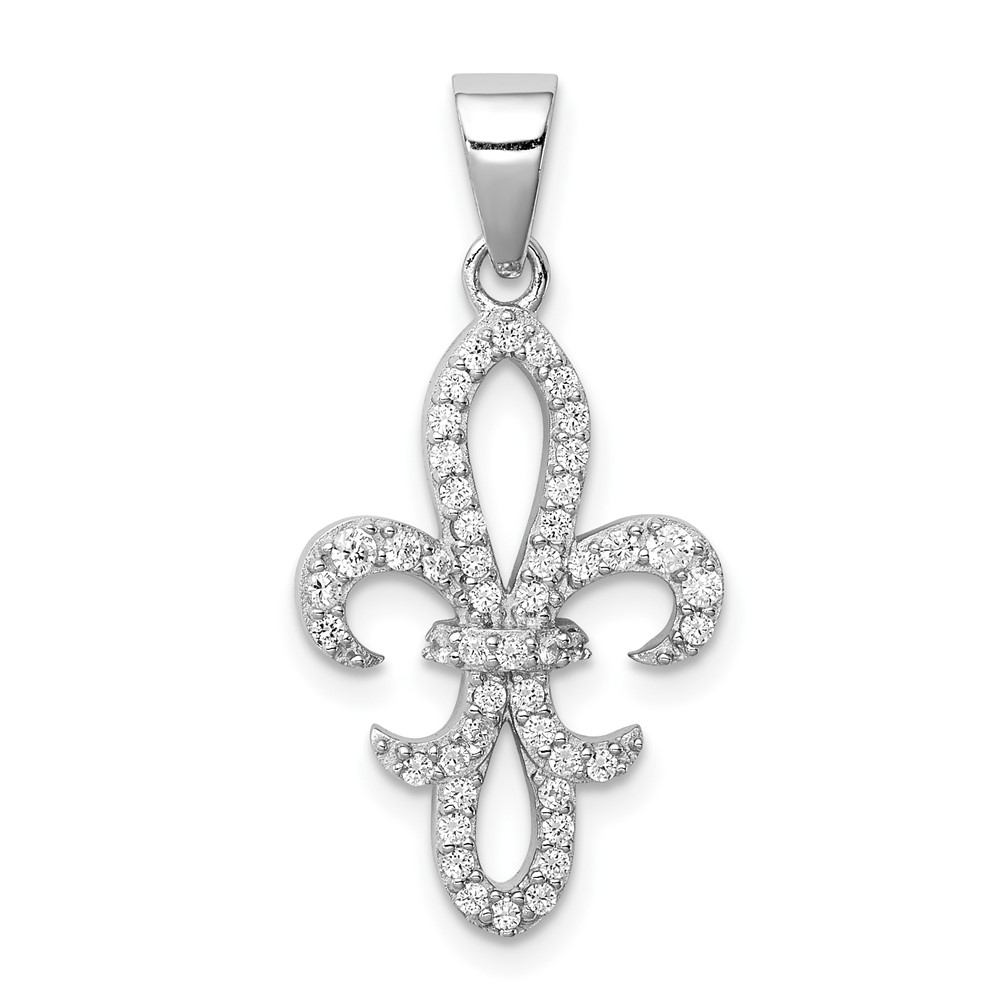Sterling Silver Rhodium-plated CZ Fleur De Lis Pendant