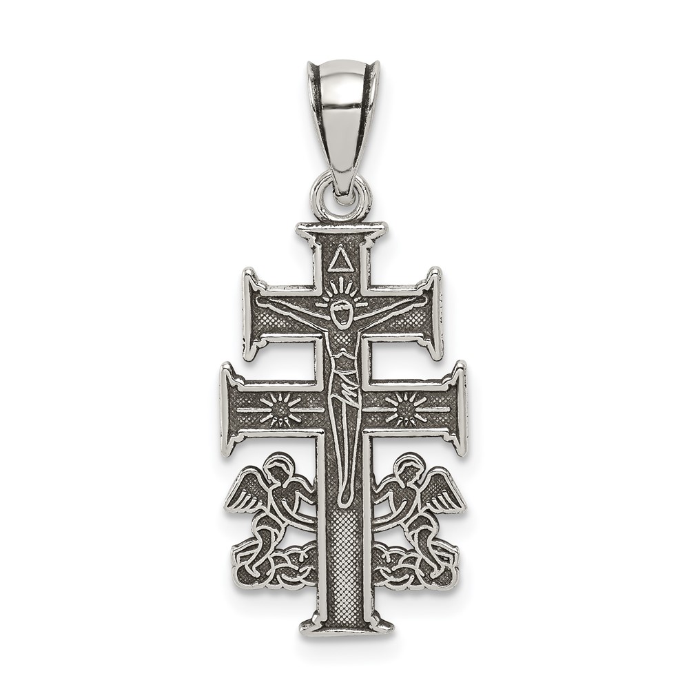 Sterling Silver Antiqued Caravaca Double Cross Pendant with Angels Crucifix