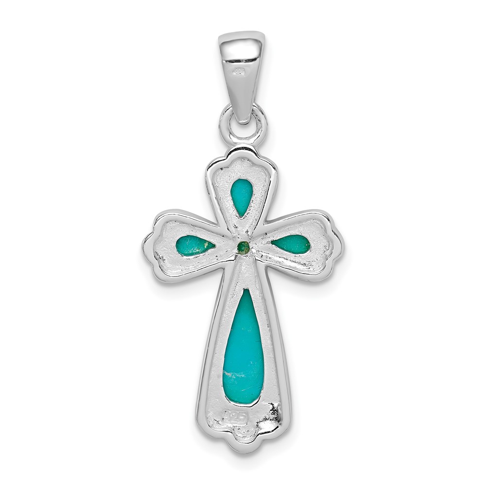 Sterling Silver Rhodium-plated Polished Imitation Turquoise Cross Pendant (QC8144)