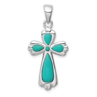 Sterling Silver Rhodium-plated Polished Imitation Turquoise Cross Pendant view 1
