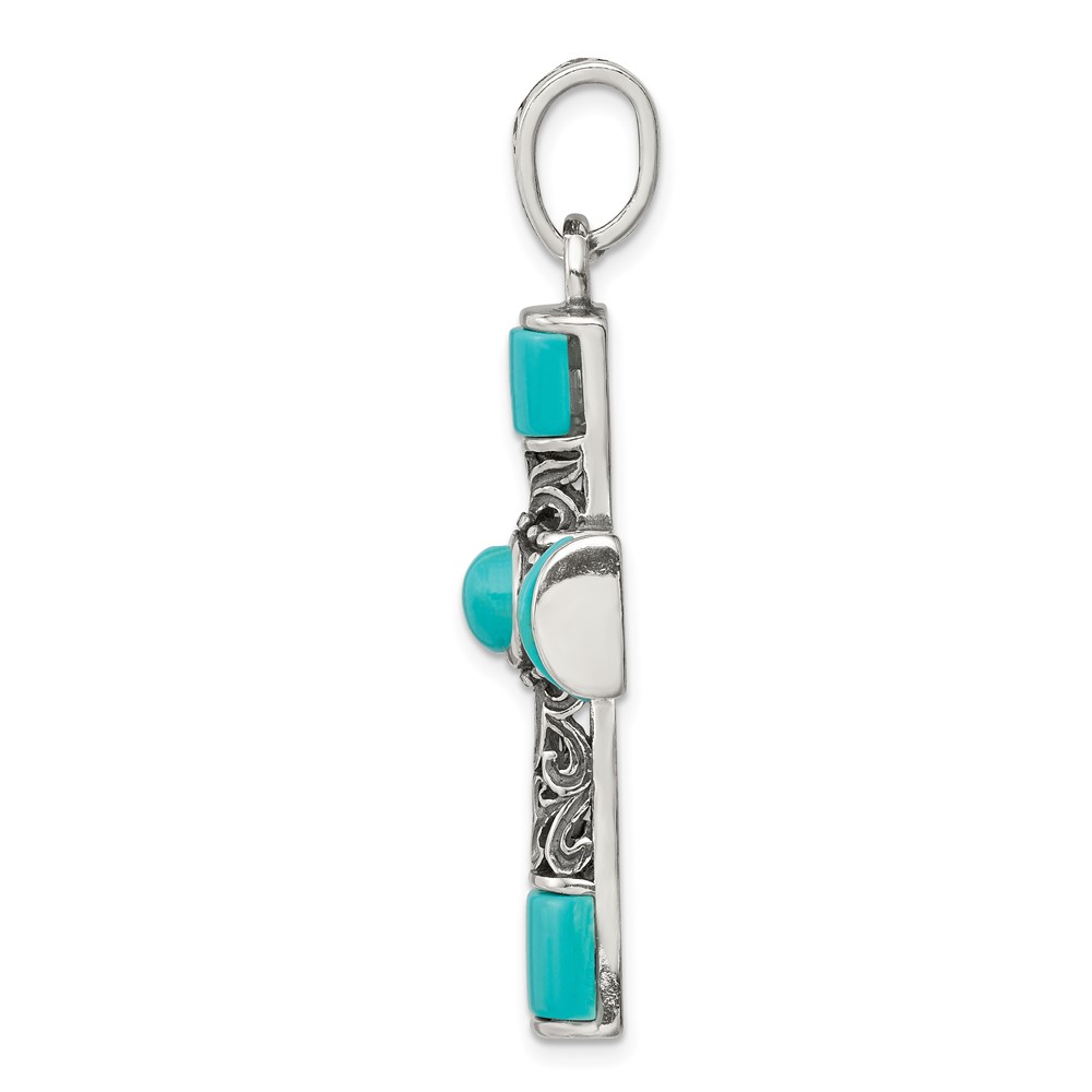 Sterling Silver Synthetic Turquoise Antiqued Cross Pendant (QC8145)