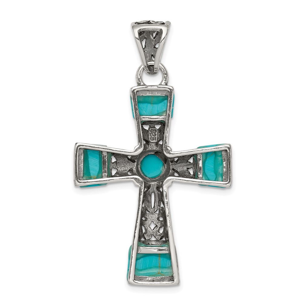 Sterling Silver Synthetic Turquoise Antiqued Cross Pendant (QC8145)