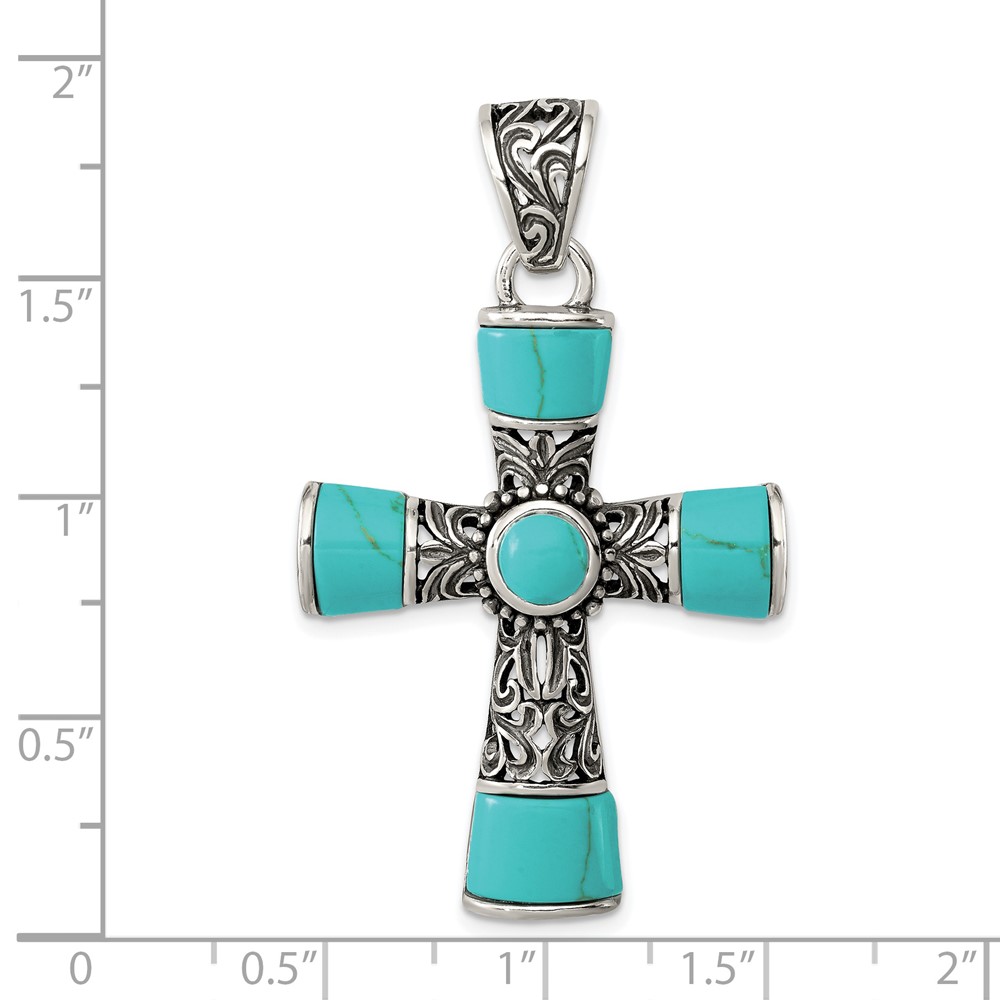 Sterling Silver Synthetic Turquoise Antiqued Cross Pendant (QC8145)