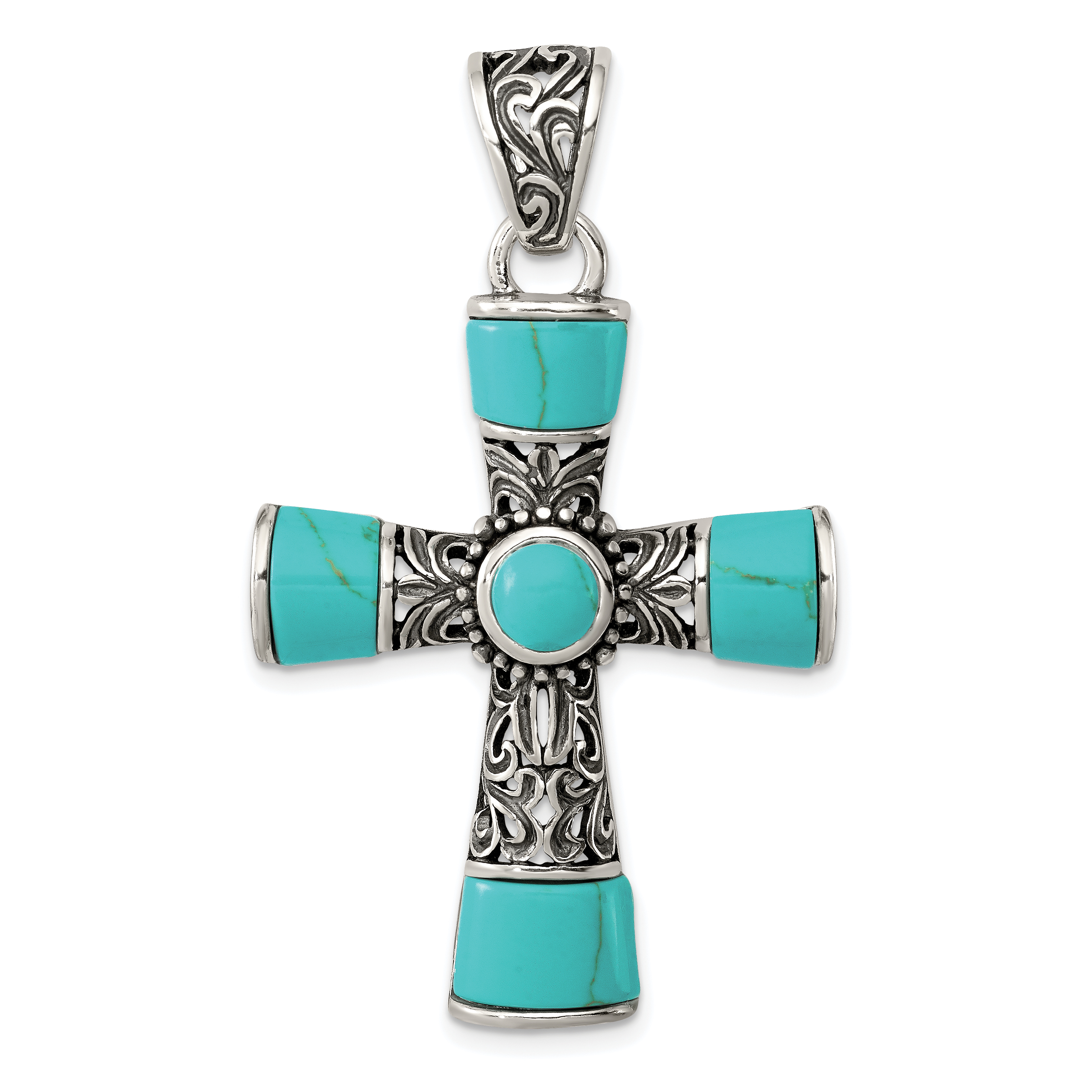 Sterling Silver Synthetic Turquoise Antiqued Cross Pendant (QC8145)