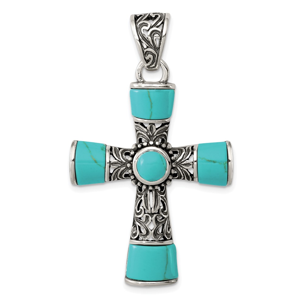 Sterling Silver Synthetic Turquoise Antiqued Cross Pendant (QC8145)