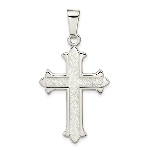 Sterling Silver Polished Textured Fleur De Lis Cross Pendant