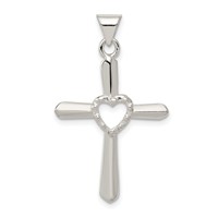 Sterling Silver Polished and Textured Cross Pendant with Heart view 1