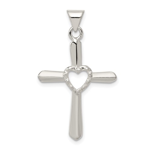 Sterling Silver Polished and Textured Cross Pendant with Heart